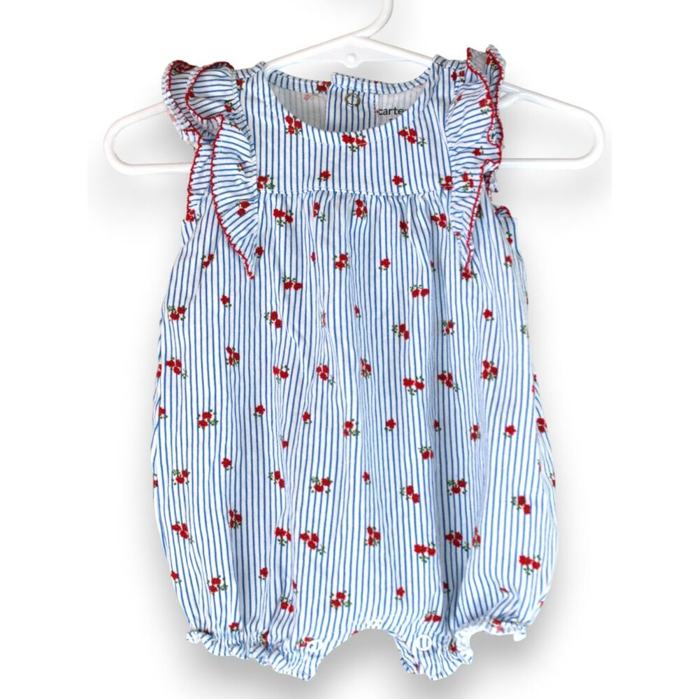Carter's Baby Girl Bubble Romper 3M Blue Stripe Floral Ruffle Sleeves Cotton